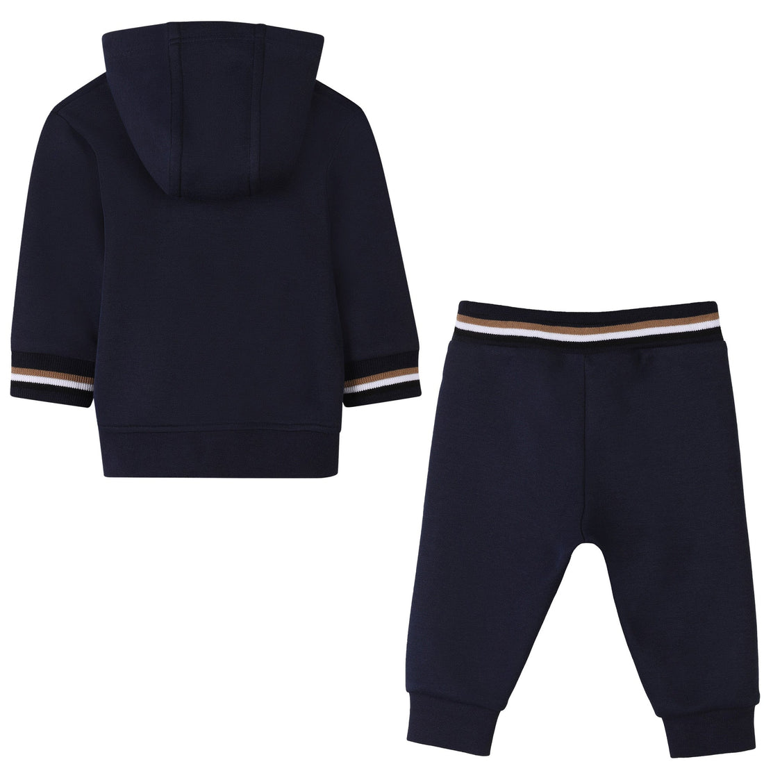 BOSS cardigan and trousers set featuring zip-front navy cardigan with striped cuffs available at Lestyle Boutique Melbourne