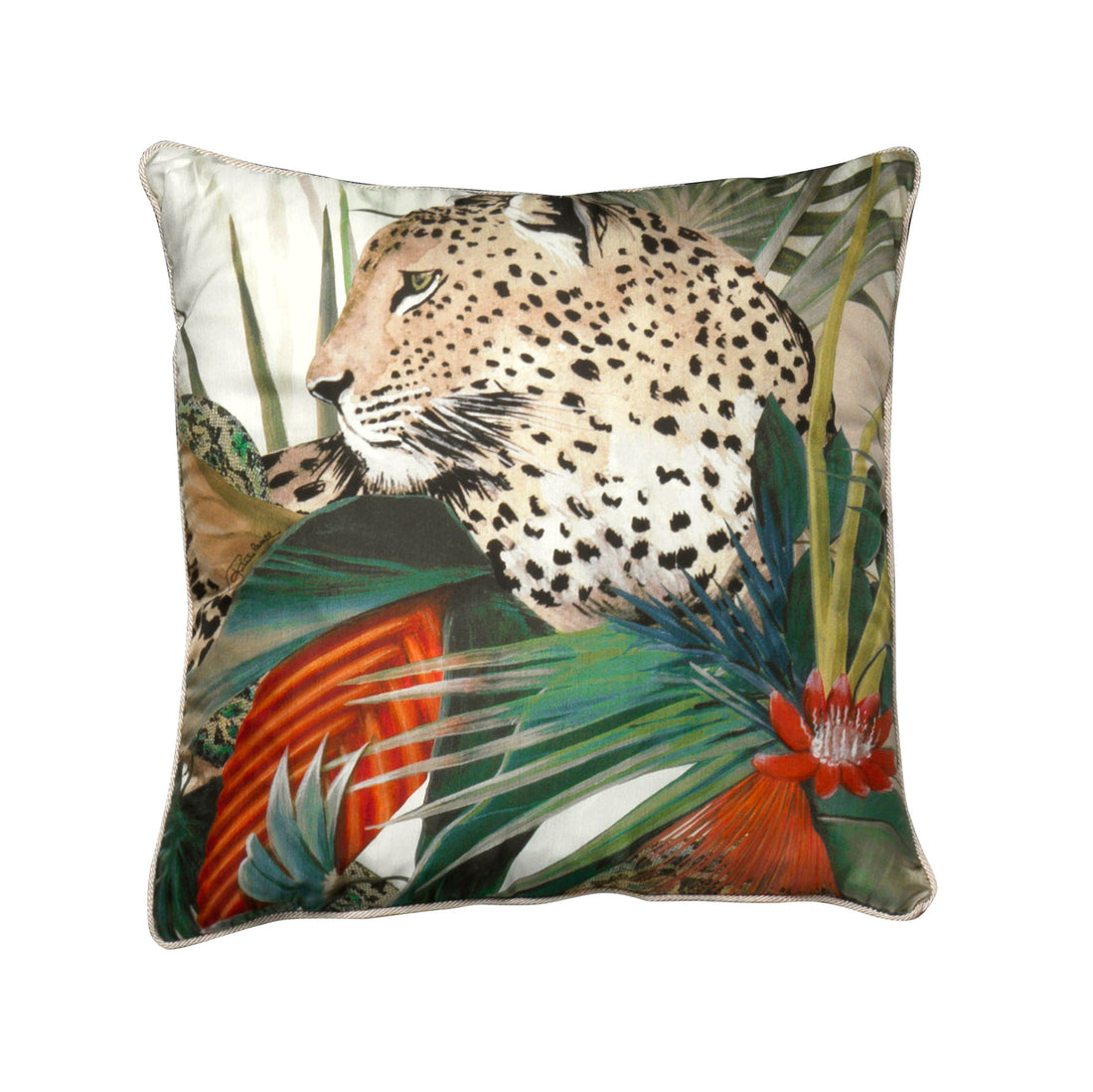 Roberto Cavalli Jungle Cushion featuring a vibrant design with a leopard. Available at Lestyle Boutique Melbourne