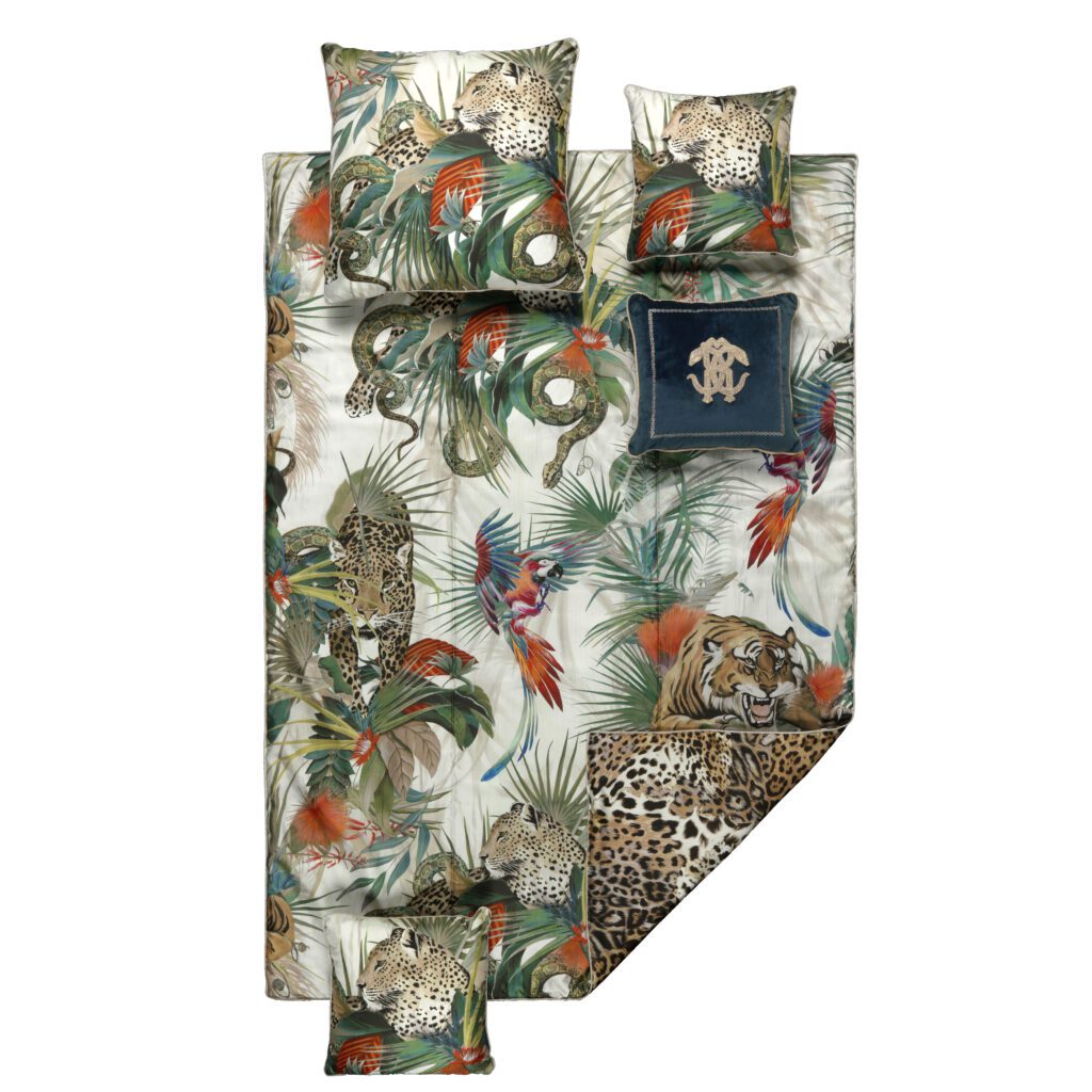 Roberto Cavalli duvet set featuring jungle design, luxurious materials, available at Lestyle Boutique Melbourne