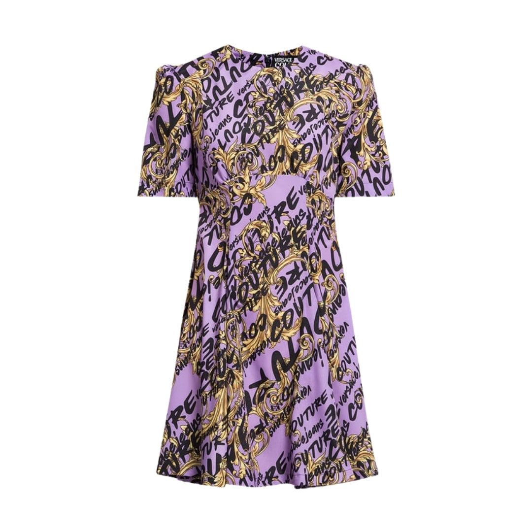 Versace Jeans Couture purple mini dress in 100% polyester featuring the Logo Brush Couture print, short sleeves, and a mini length, available at Lestyle Boutique 136 Little Collins St.