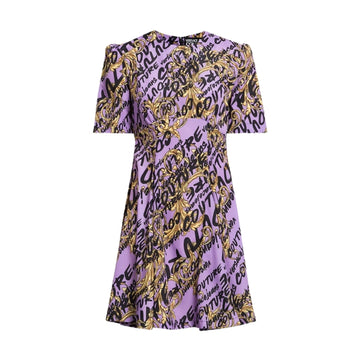 Versace Jeans Couture purple mini dress in 100% polyester featuring the Logo Brush Couture print, short sleeves, and a mini length, available at Lestyle Boutique 136 Little Collins St.