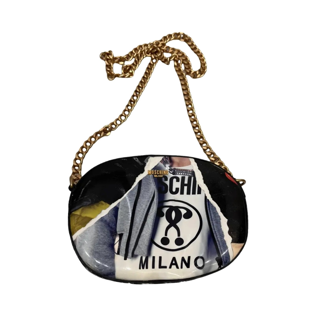 Moschino multicolor graphic print leather mini bag with a gold-tone chain strap, available at Lestyle Boutique 136 Little Collins St.