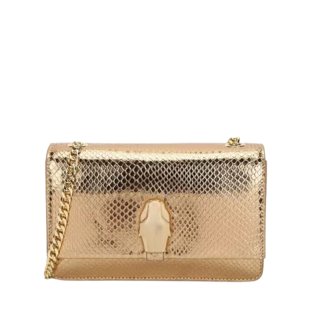 Cavalli Class shimmery gold textured sling bag in a calf leather and PVC blend, featuring a chain strap and magnetic flap closure, available at Lestyle Boutique 136 Little Collins St.