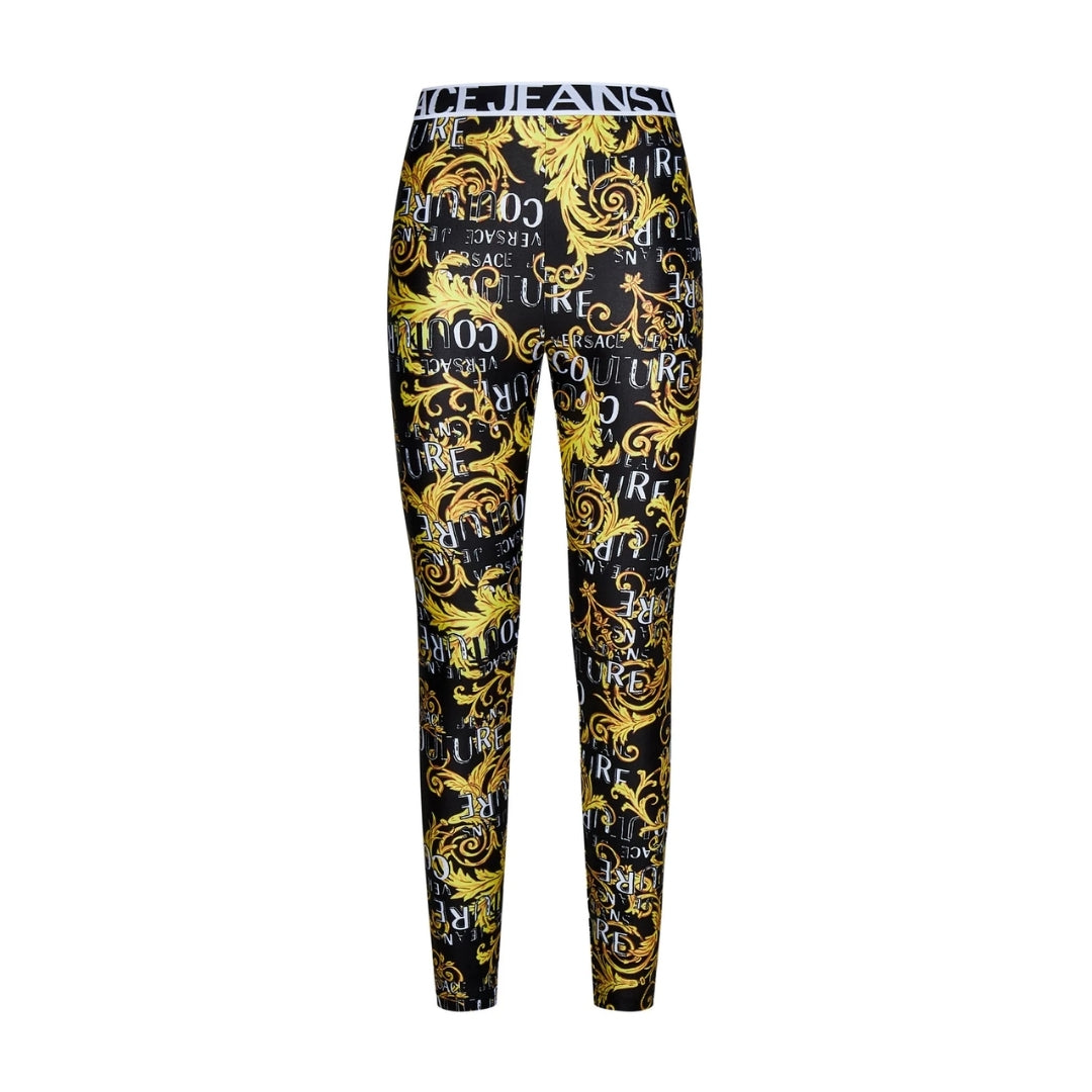 Versace Jeans Couture baroque print stretched leggings in black/gold/white polyester-spandex blend with logo waistband, Made in Albania, available at Lestyle Boutique 136 Little Collins St.