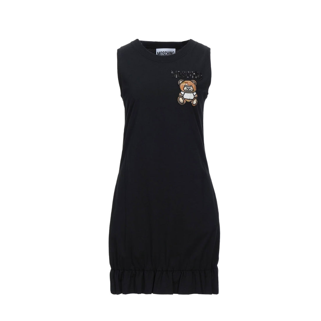 Moschino black sleeveless cotton jersey short dress featuring a sequin and bead embellished Teddy Bear motif and a ruffled hem, Made in Italy, available at Lestyle Boutique 136 Little Collins St.