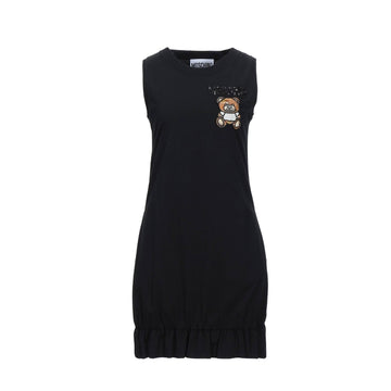 Moschino black sleeveless cotton jersey short dress featuring a sequin and bead embellished Teddy Bear motif and a ruffled hem, Made in Italy, available at Lestyle Boutique 136 Little Collins St.
