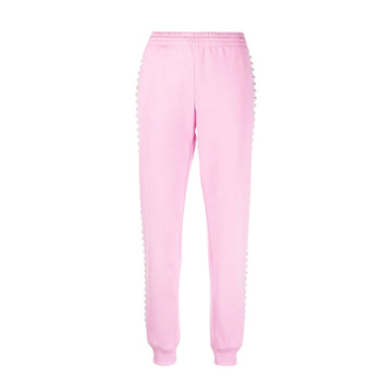 Moschino pink slim-fit jersey jogging bottoms with pearl embellishments at the sides, ribbed cuffs, and tapered legs, Made in Italy, available at Lestyle Boutique 136 Little Collins St.