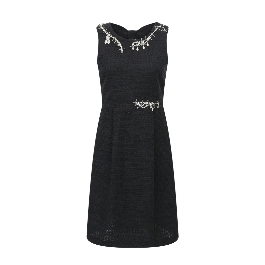 Boutique Moschino black sleeveless sheath dress in a cotton-viscose blend featuring crystal embellishments at the neckline and waist, Made in Romania, available at Lestyle Boutique 136 Little Collins St.