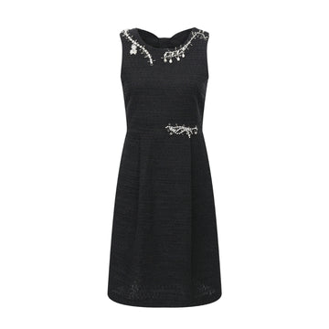 Boutique Moschino black sleeveless sheath dress in a cotton-viscose blend featuring crystal embellishments at the neckline and waist, Made in Romania, available at Lestyle Boutique 136 Little Collins St.