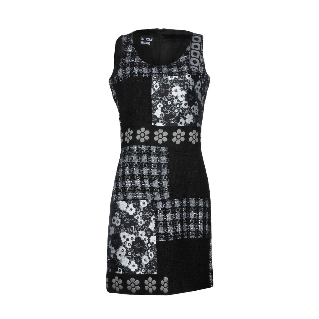 Boutique Moschino black and white patchwork tweed midi dress featuring floral jacquard details, sleeveless design, and round neck, available at Lestyle Boutique 136 Little Collins St.