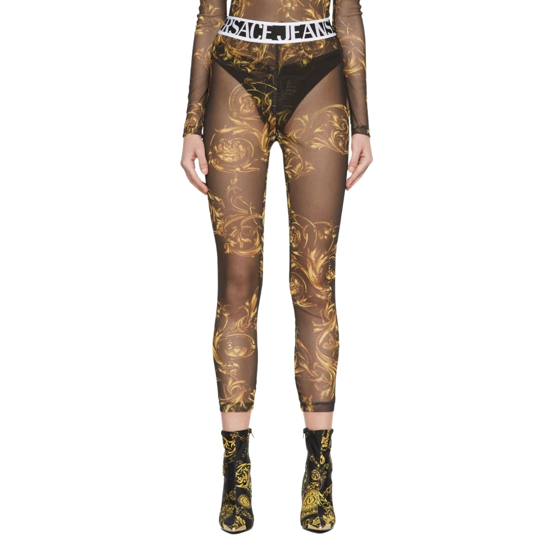 Versace Jeans Couture black sheer footless tights featuring a gold baroque print and logo waistband, available at Lestyle Boutique 136 Little Collins St.