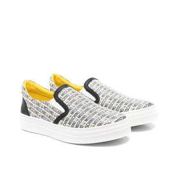 Moschino Kids white calf leather slip-on sneakers with an all-over black logo print, yellow branded insole, and white rubber sole, Made in Italy, available at Lestyle Boutique 136 Little Collins St.