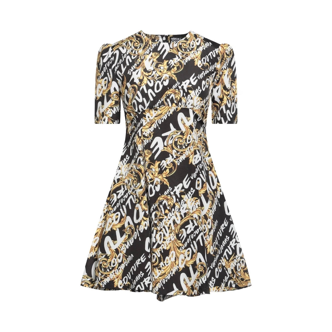 Versace Jeans Couture black trapeze style short dress in polyester crepe featuring a multi-color logo print, round collar, and short sleeves, available at Lestyle Boutique 136 Little Collins St.