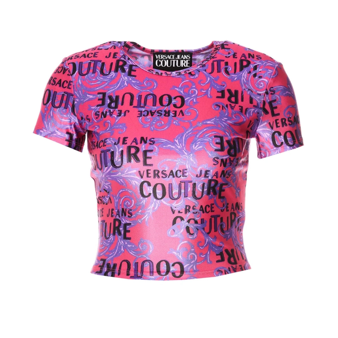 Versace Jeans Couture pink/purple Barocco print crewneck T-shirt in a polyester-elastane blend, Made in Albania, available at Lestyle Boutique 136 Little Collins St.