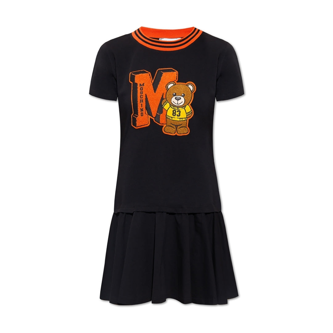 Moschino black cotton T-shirt dress featuring a multicolor Teddy Bear logo appliqué and contrast orange ribbed trim on the neckline, available at Lestyle Boutique 136 Little Collins St.