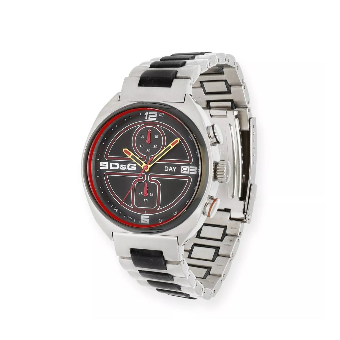 Dolce & Gabbana Song DW0303 men's chronograph watch with a stainless steel case and bracelet, black dial, and date function, available at Lestyle Boutique 136 Little Collins St.