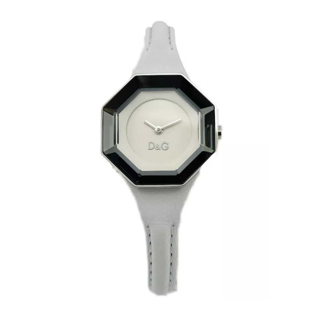 D&G Lady String DW0284 women's watch with a silver-tone octagonal case featuring a mirrored prism bezel, white dial, and white leather strap, available at Lestyle Boutique 136 Little Collins St.