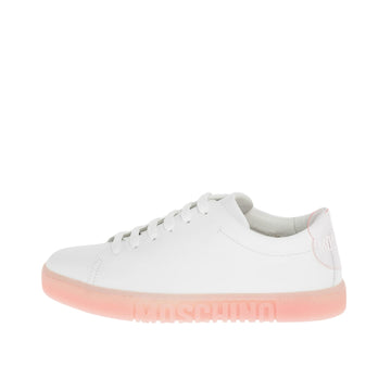 Moschino white calfskin leather sneakers with a contrasting pink/peach logo rubber sole, lace-up closure, Made in Italy, available at Lestyle Boutique 136 Little Collins St.