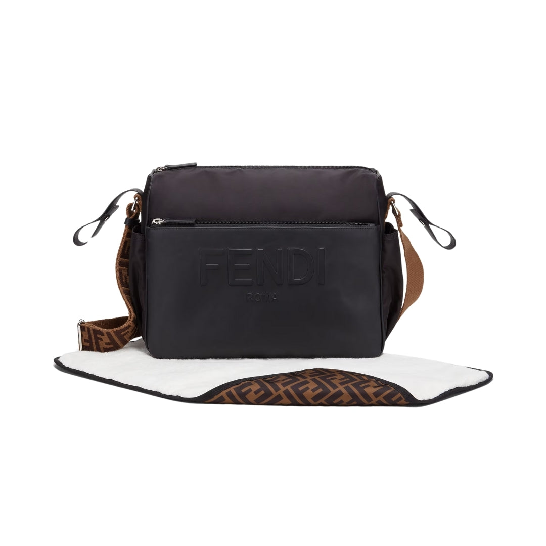 Fendi black nylon and leather changing bag featuring an embossed logo, FF logo shoulder strap, stroller hooks, and included changing mat, Made in Italy, available at Lestyle Boutique 136 Little Collins St.
