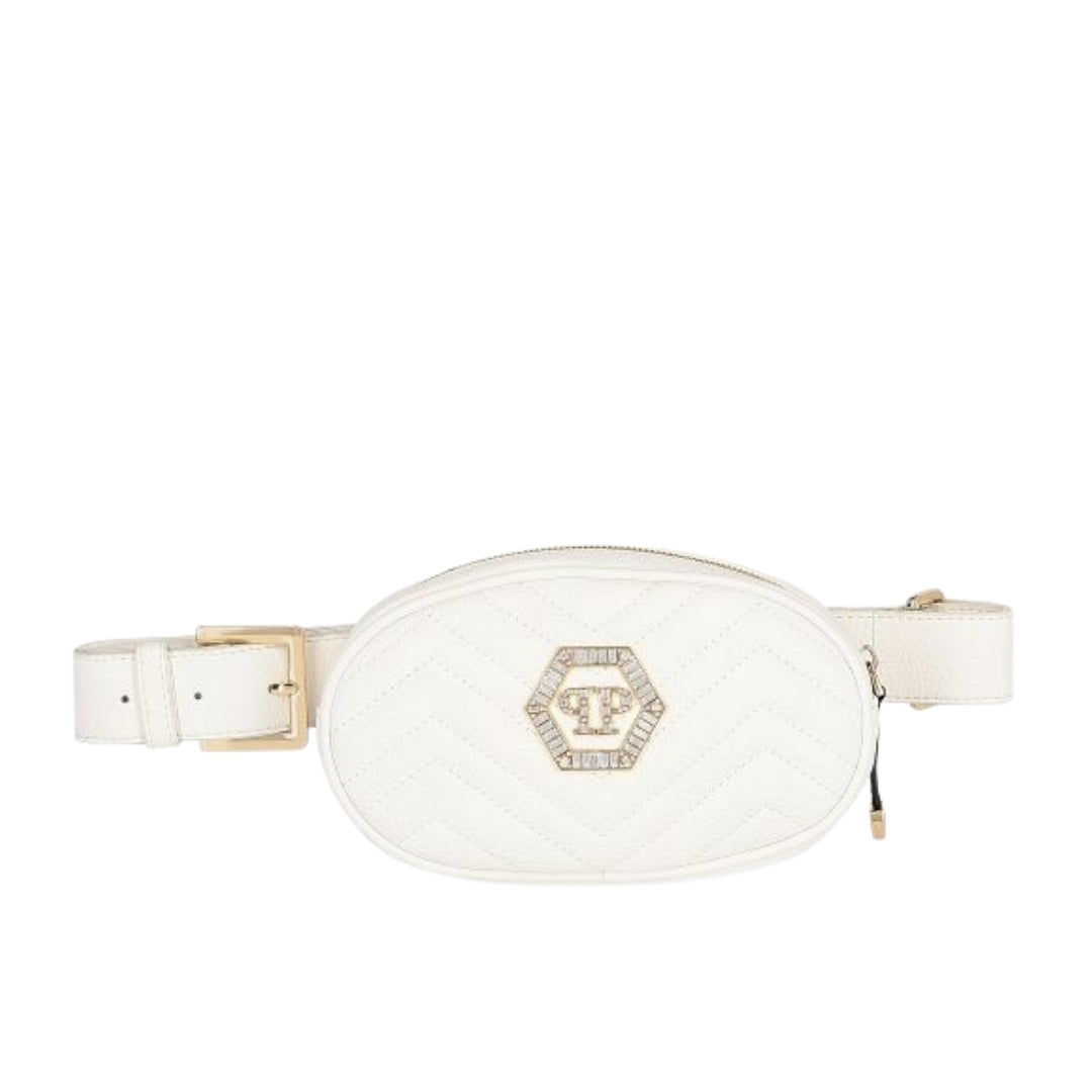 Philipp Plein Kids white quilted polyurethane waist bag featuring a gold-tone hexagonal logo plaque and adjustable strap with buckle, available at Lestyle Boutique 136 Little Collins St.