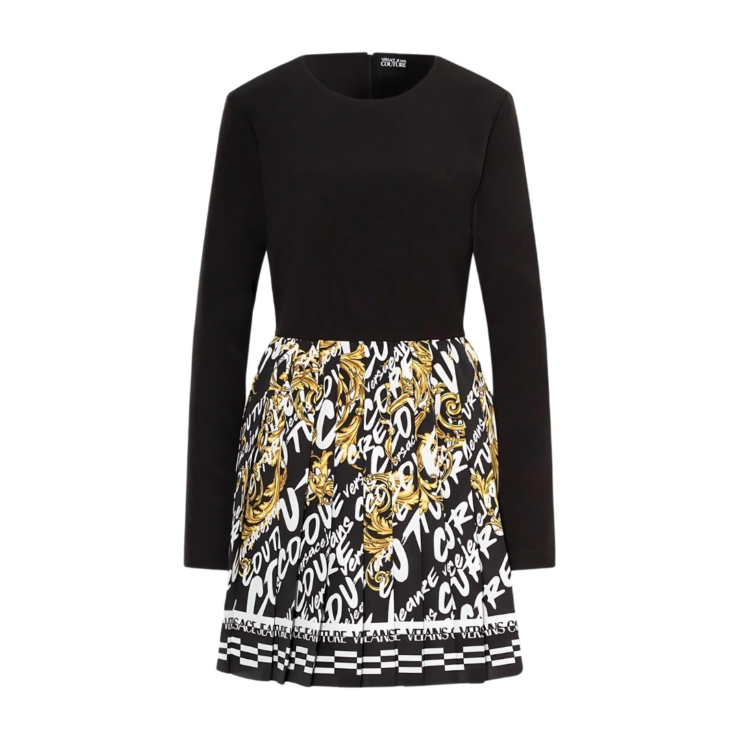 Versace Jeans Couture black long-sleeve combo dress in 100% polyester, featuring a solid top and a multi-color logo print skirt, available at Lestyle Boutique 136 Little Collins St.