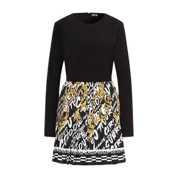 Versace Jeans Couture black long-sleeve combo dress in 100% polyester, featuring a solid top and a multi-color logo print skirt, available at Lestyle Boutique 136 Little Collins St.