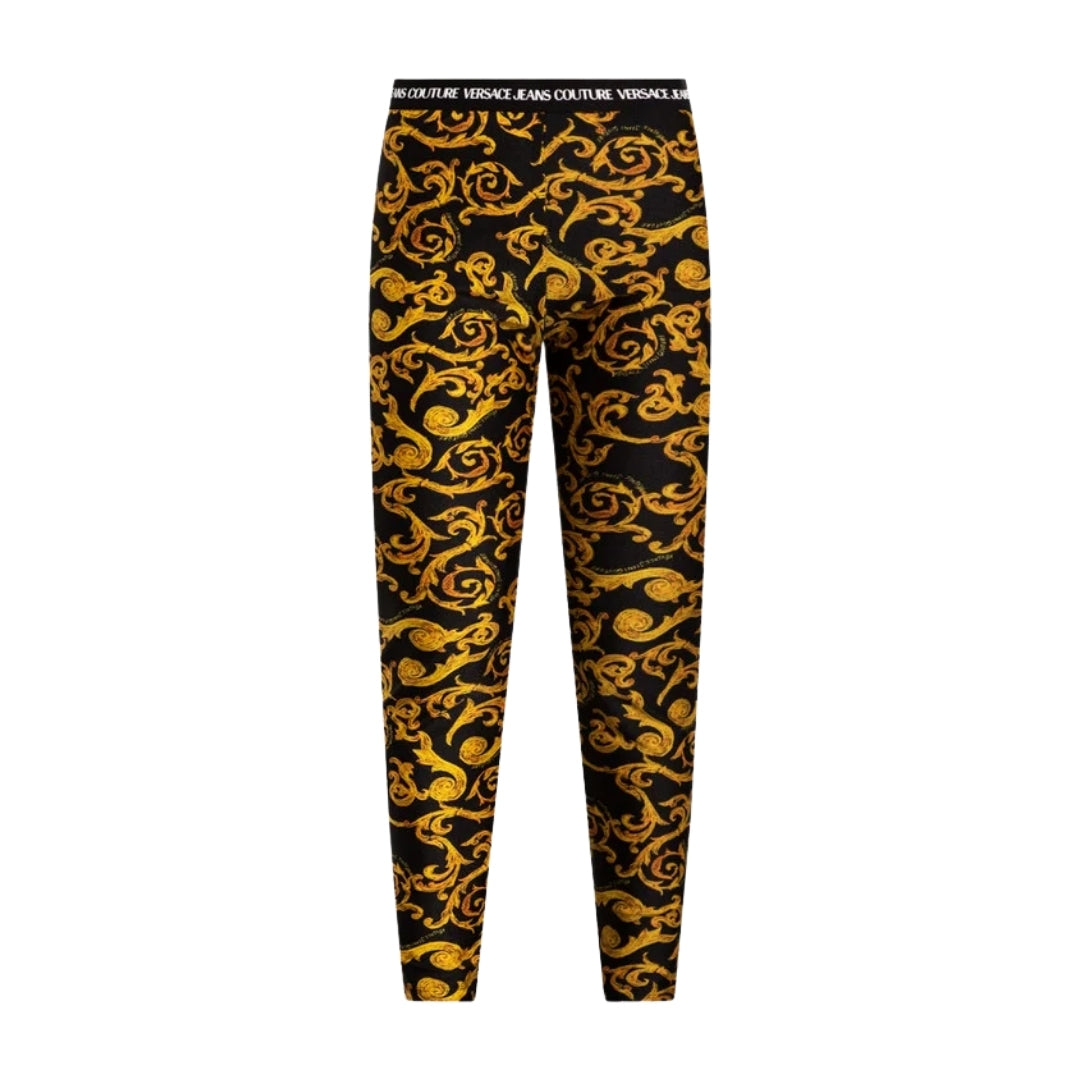 Versace Jeans Couture black leggings in a polyamide-elastane blend featuring the Sketch Couture print and an elastic logo waistband, available at Lestyle Boutique 136 Little Collins St.