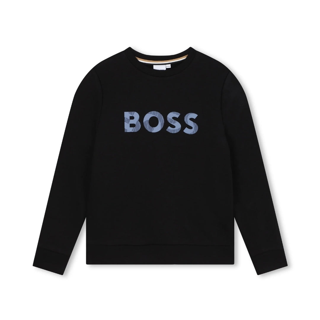 BOSS Kidswear jet black cotton blend fleece crew-neck sweatshirt for boys, featuring a large blue logo print to the front and ribbed cuffs and hem, available at Lestyle Boutique 136 Little Collins St.