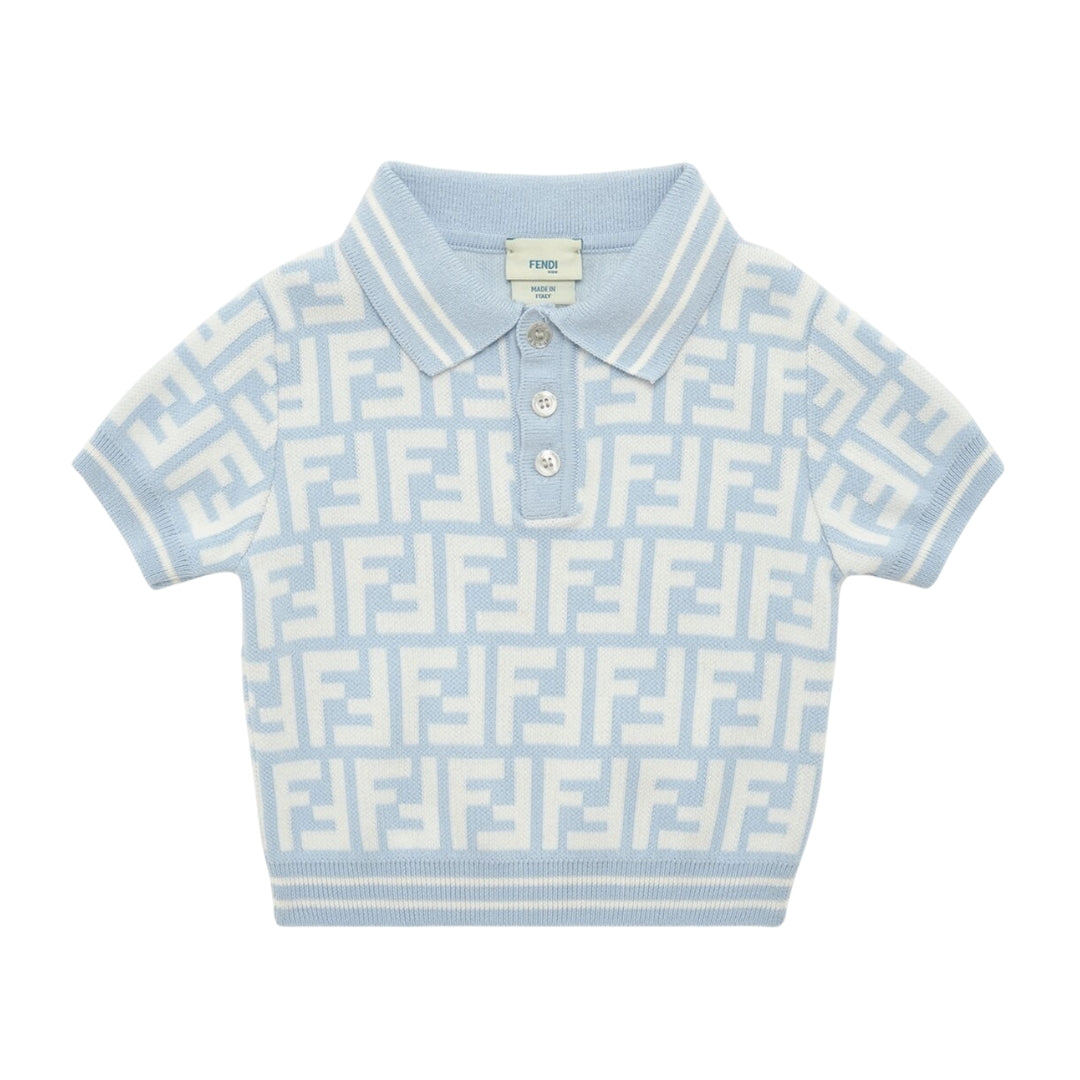 Fendi Kids light blue cotton jersey baby polo shirt featuring an all-over FF logo print, short sleeves, and polo collar with tipping, Made in Italy, available at Lestyle Boutique 136 Little Collins St.
