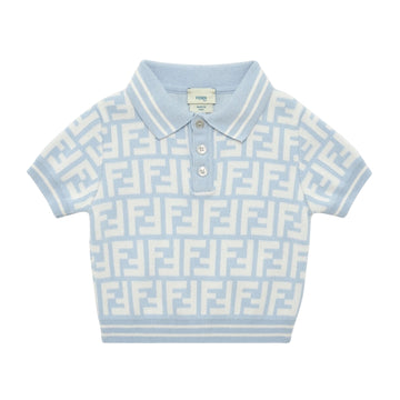 Fendi Kids light blue cotton jersey baby polo shirt featuring an all-over FF logo print, short sleeves, and polo collar with tipping, Made in Italy, available at Lestyle Boutique 136 Little Collins St.