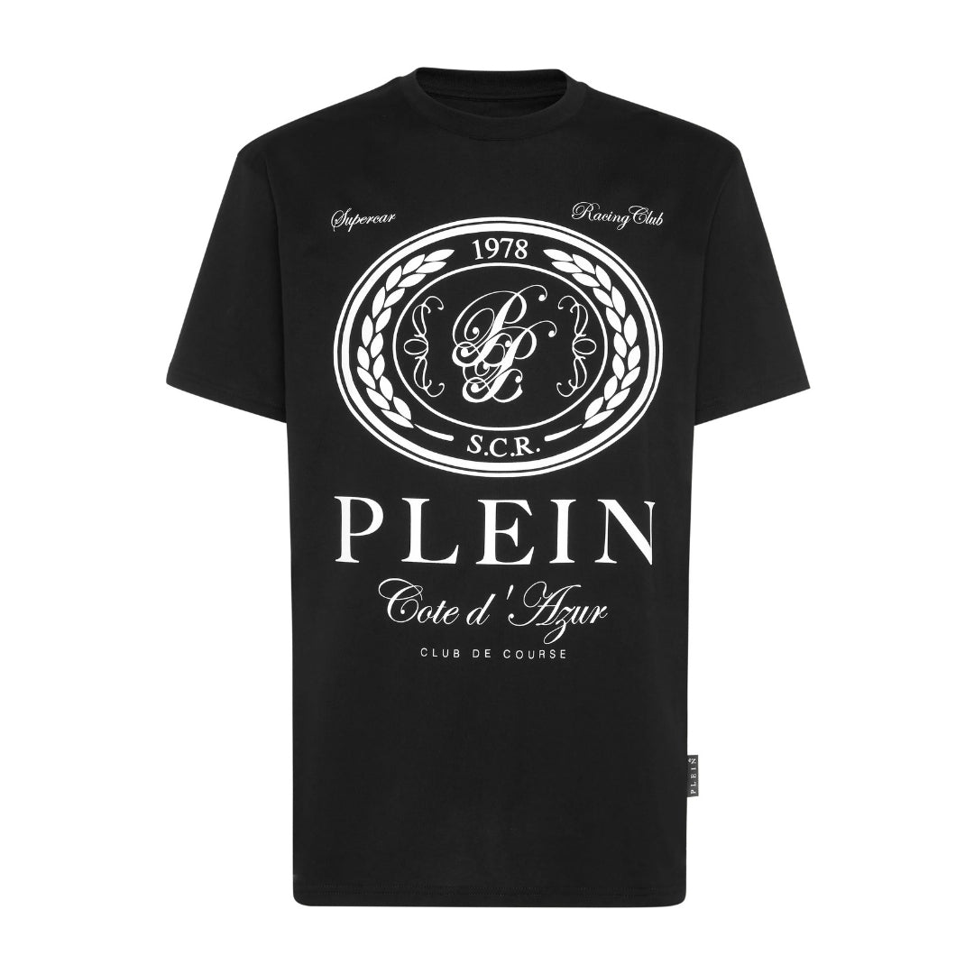 Philipp Plein black cotton jersey t-shirt with a round neck, short sleeves, white "Club The Course" and crest pattern print on the front, and a logoed patch at the yoke, available at Lestyle Boutique 136 Little Collins St.