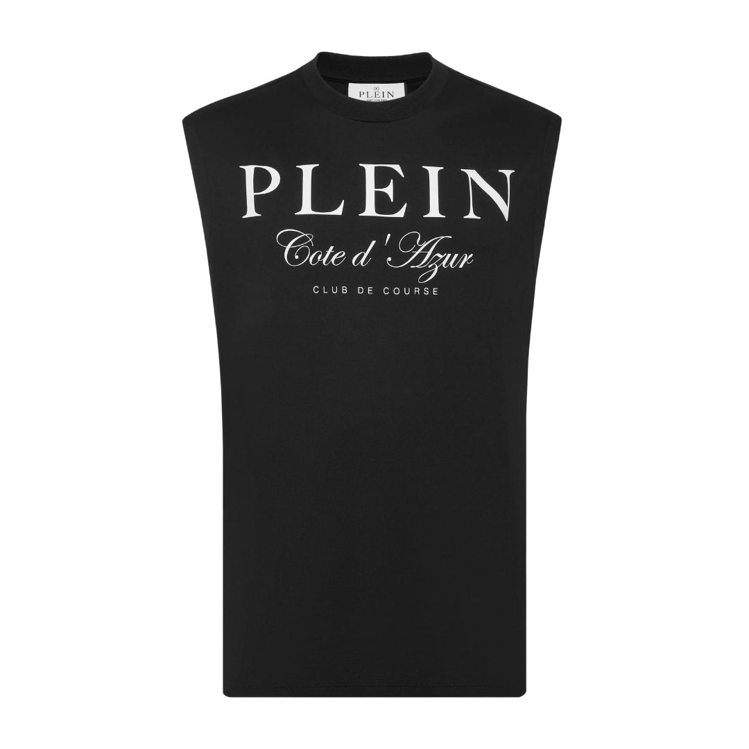 Philipp Plein black cotton jersey sleeveless top with a round neck, "Club The Course" and crest pattern print on the front and back, and a logoed patch at the yoke, available at Lestyle Boutique 136 Little Collins St.