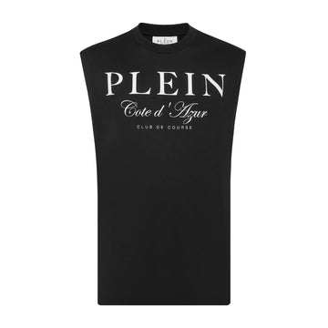 Philipp Plein black cotton jersey sleeveless top with a round neck, "Club The Course" and crest pattern print on the front and back, and a logoed patch at the yoke, available at Lestyle Boutique 136 Little Collins St.