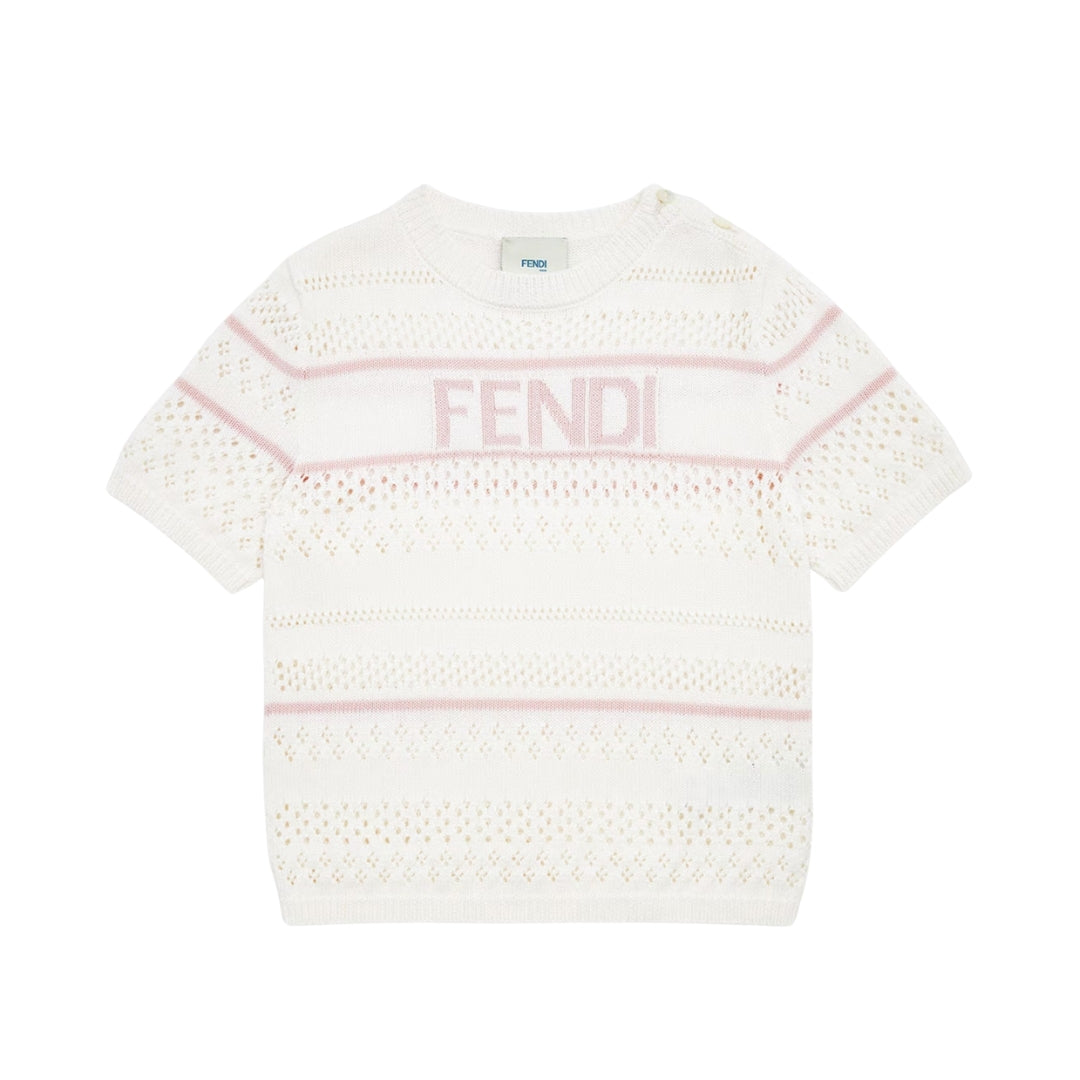 Fendi Kids junior white crochet-knit cotton T-shirt featuring pink horizontal stripes and pink Fendi logo, Made in Italy, available at Lestyle Boutique 136 Little Collins St.