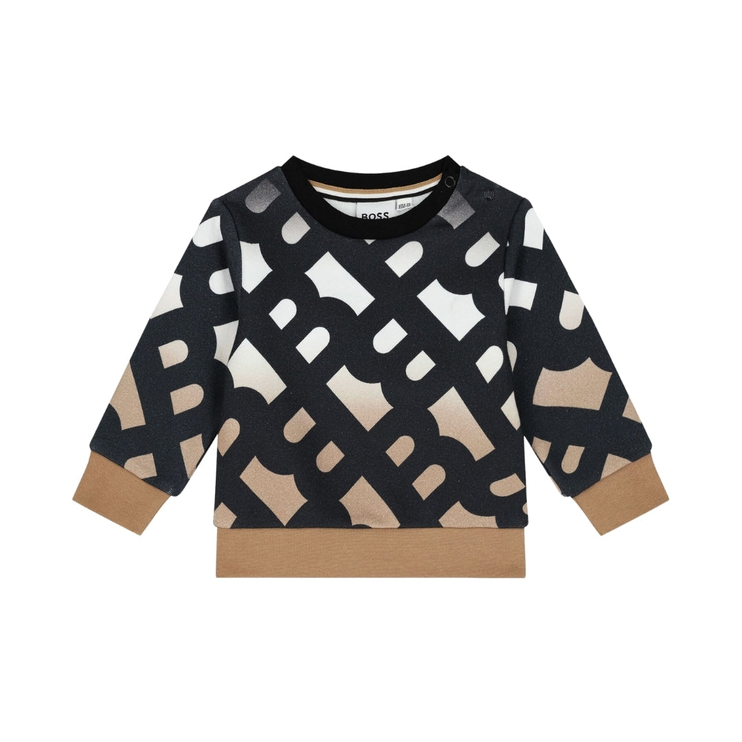 BOSS black and beige soft cotton blend sweatshirt for baby and younger boys, featuring an all-over monogram print, beige ribbed hem and cuffs, and shoulder popper fastenings, available at Lestyle Boutique 136 Little Collins St.