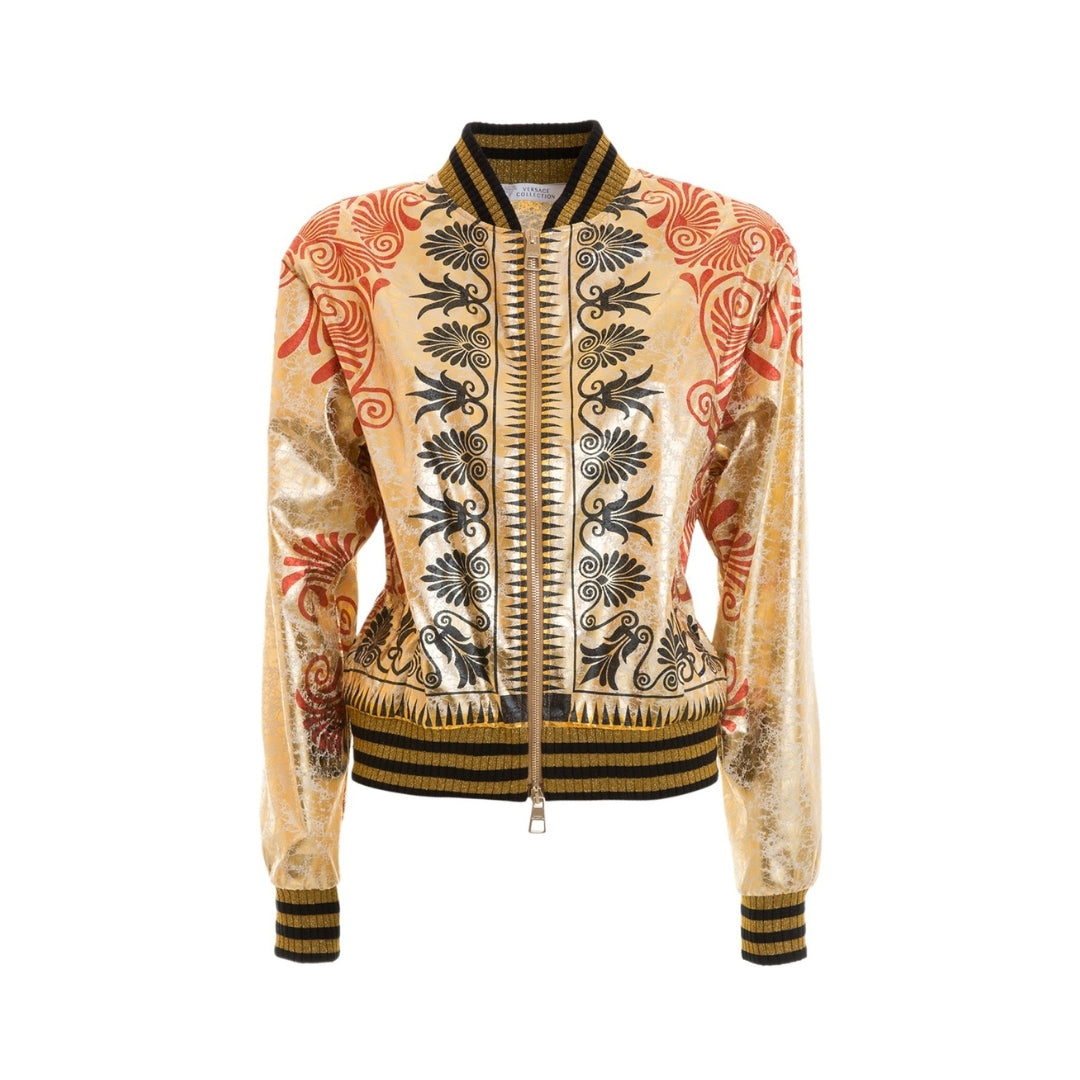 Versace Collection women's cropped bomber jacket in a metallic gold baroque print fabric, featuring a two-way zip fastening, welt pockets, and black and gold striped ribbed collar, cuffs, and hem, available at Lestyle Boutique 136 Little Collins St.