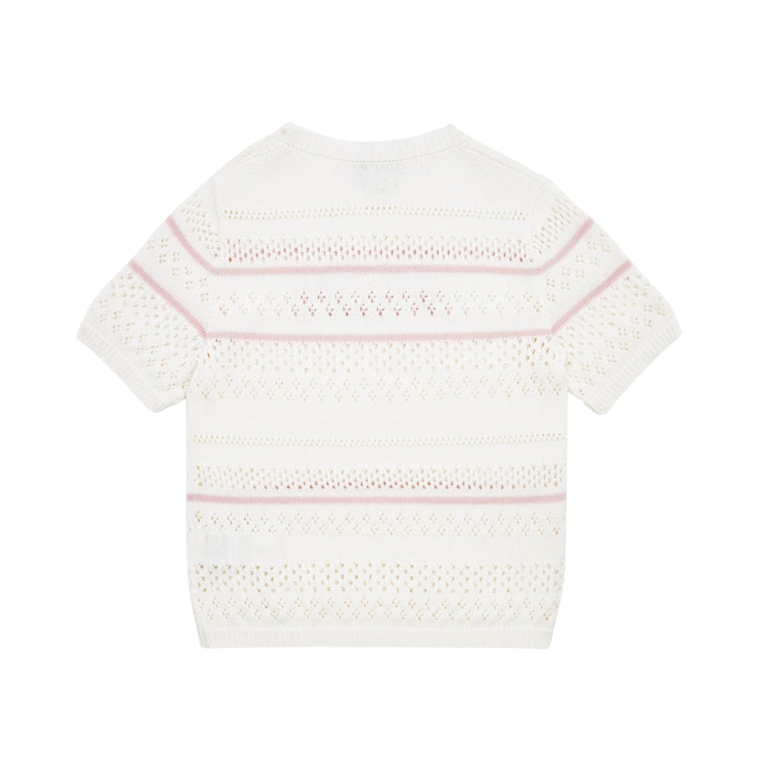 Fendi Kids junior white crochet-knit cotton T-shirt featuring pink horizontal stripes and pink Fendi logo, Made in Italy, available at Lestyle Boutique 136 Little Collins St.