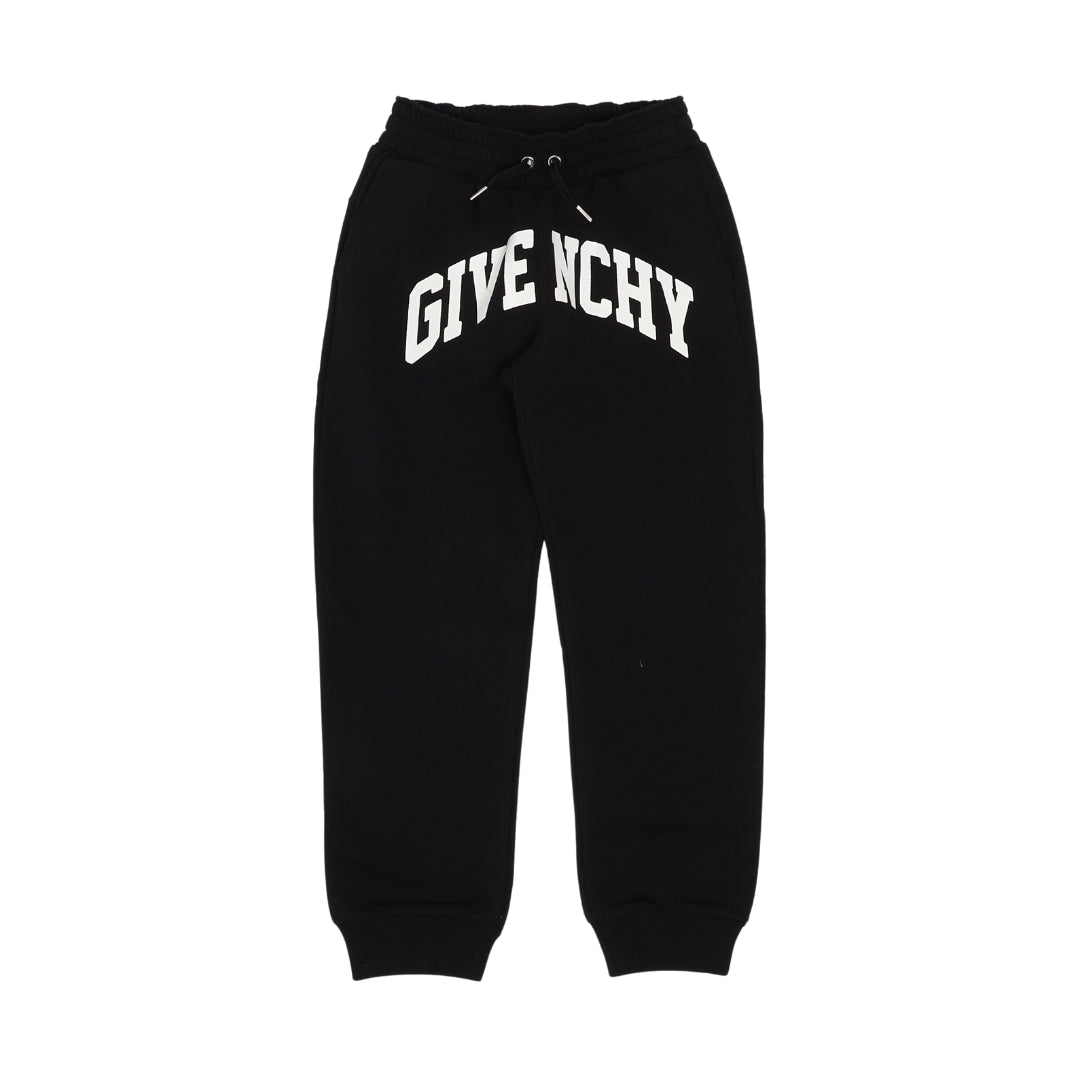 Givenchy boys black cotton-blend jogger trousers from the Winter 24/25 collection, featuring a white printed logo on the front, drawstring waistband, and cuffed ankles, available at Lestyle Boutique 136 Little Collins St.