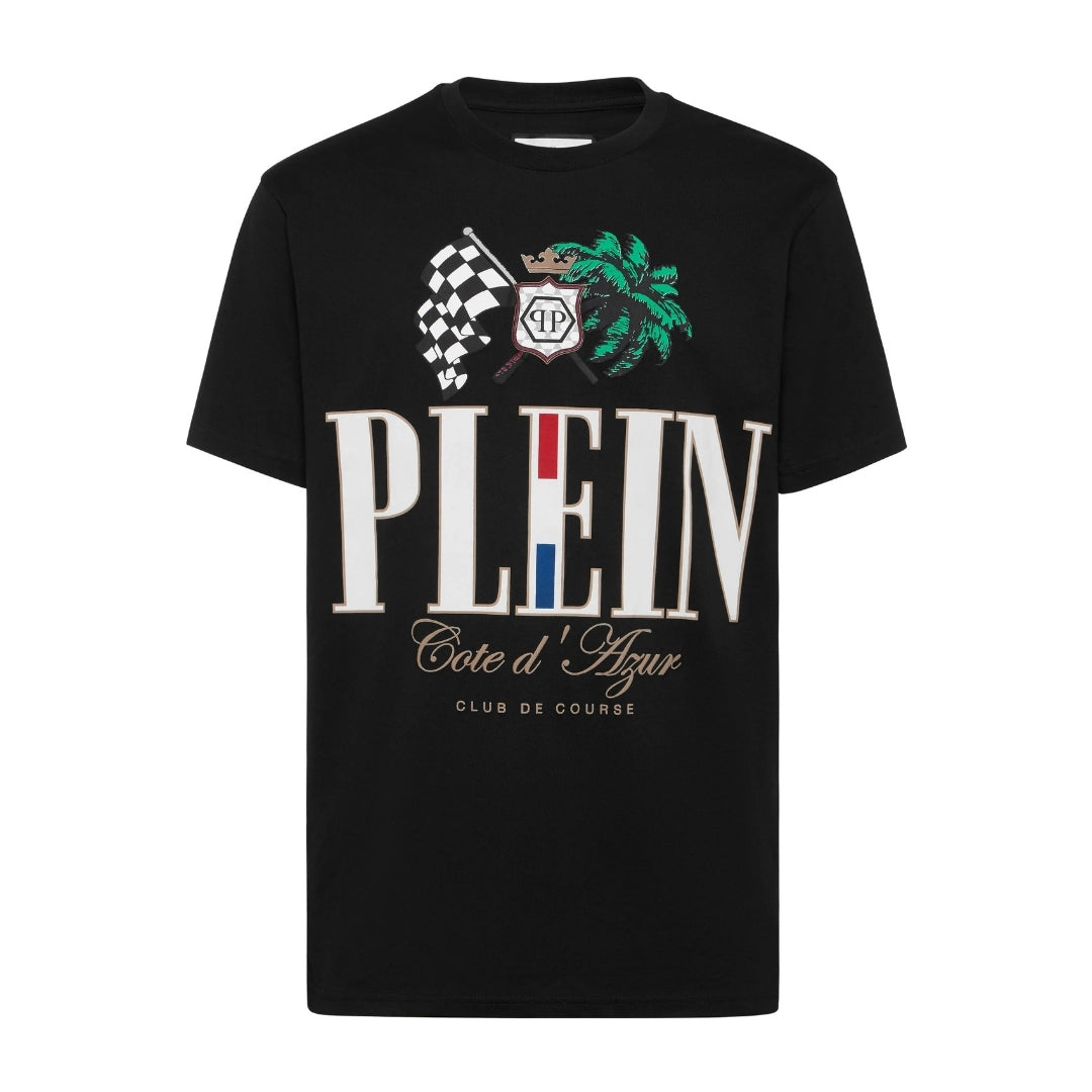 Philipp Plein black cotton jersey t-shirt with a round neck, short sleeves, multi-color "Cote D Azur Plam" graphic print on the front, and a logoed patch on the yoke, available at Lestyle Boutique 136 Little Collins St.