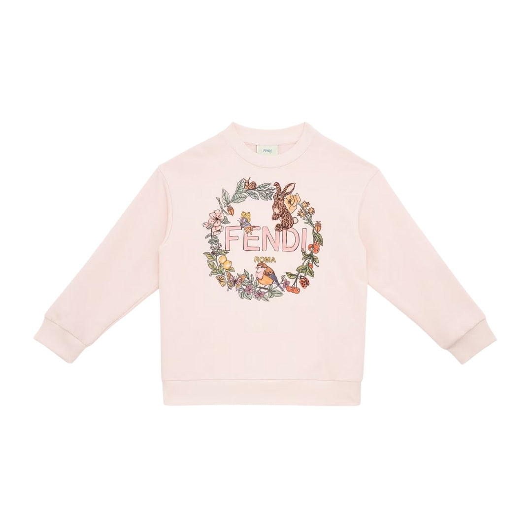 Fendi Kids junior pink cotton jersey sweatshirt featuring a multicolor floral wreath and logo print on the front, long sleeves, and ribbed trims, Made in Italy, available at Lestyle Boutique 136 Little Collins St.