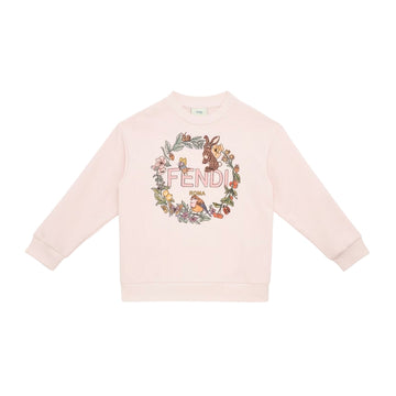 Fendi Kids junior pink cotton jersey sweatshirt featuring a multicolor floral wreath and logo print on the front, long sleeves, and ribbed trims, Made in Italy, available at Lestyle Boutique 136 Little Collins St.