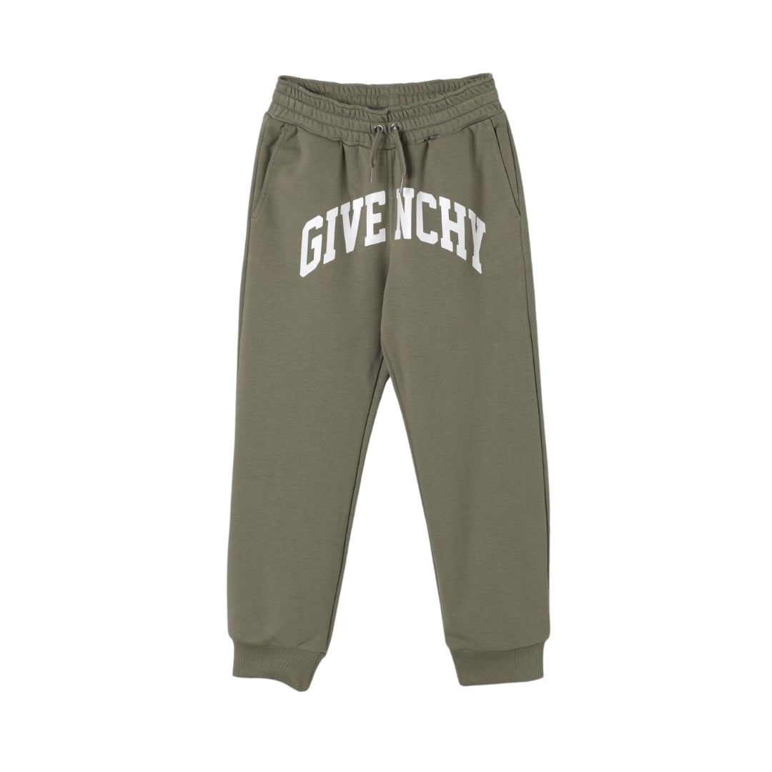 Givenchy olive green jogger trousers featuring a large white 'GIVENCHY' logo printed on the front, drawstring waistband, and cuffed ankles, available at Lestyle Boutique 136 Little Collins St.