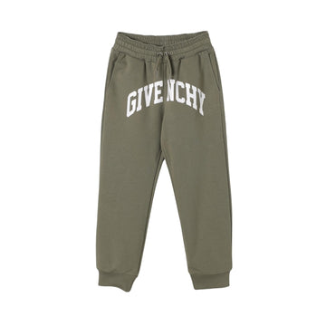 Givenchy olive green jogger trousers featuring a large white 'GIVENCHY' logo printed on the front, drawstring waistband, and cuffed ankles, available at Lestyle Boutique 136 Little Collins St.