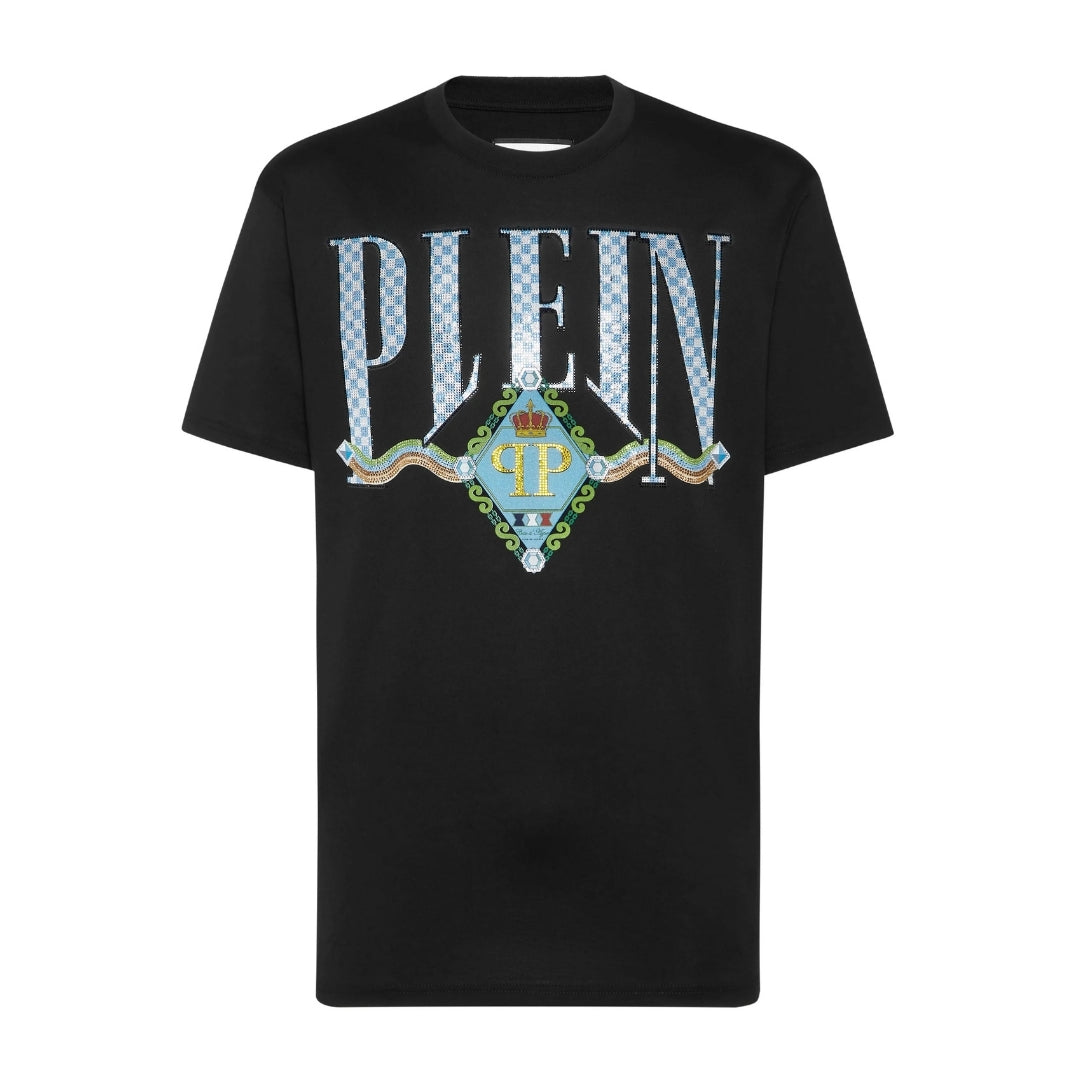 Philipp Plein black cotton jersey t-shirt with a round neck, short sleeves, rhinestoned "Border Check" pattern print on the front, and a logoed patch on the yoke, available at Lestyle Boutique 136 Little Collins St.