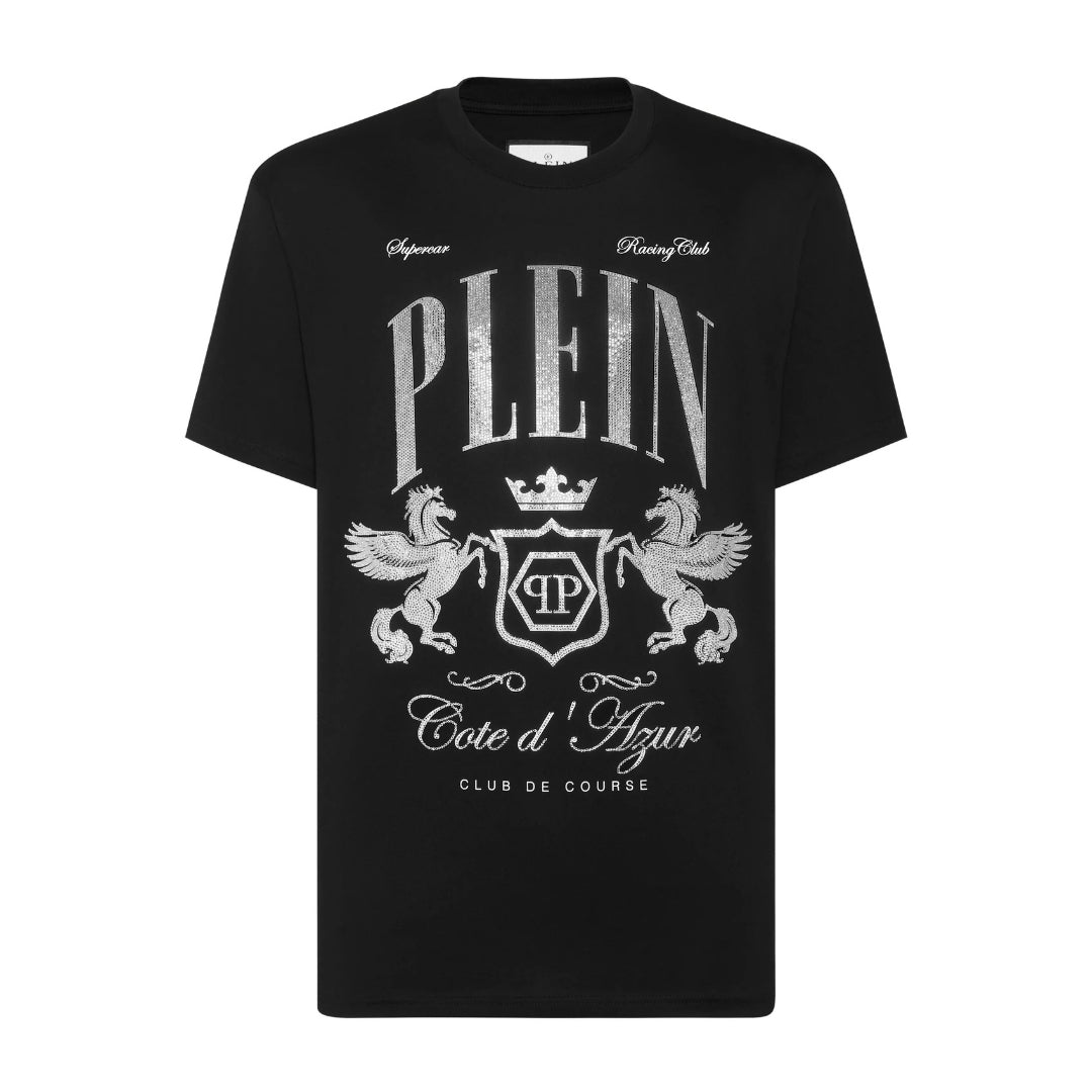 Philipp Plein black cotton jersey t-shirt with a round neck, short sleeves, and a "Cote D Azur Stones" rhinestoned pattern print on the front, available at Lestyle Boutique 136 Little Collins St.
