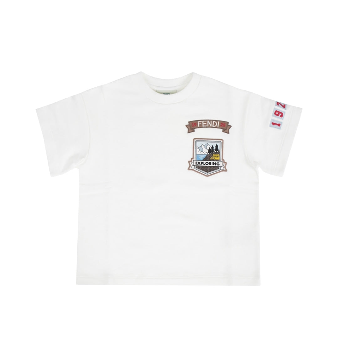 Fendi Kids boys' white cotton T-shirt featuring a multicolor 'Mountaineering' logo patch on the chest and a logo patch on the sleeve, available at Lestyle Boutique 136 Little Collins St.