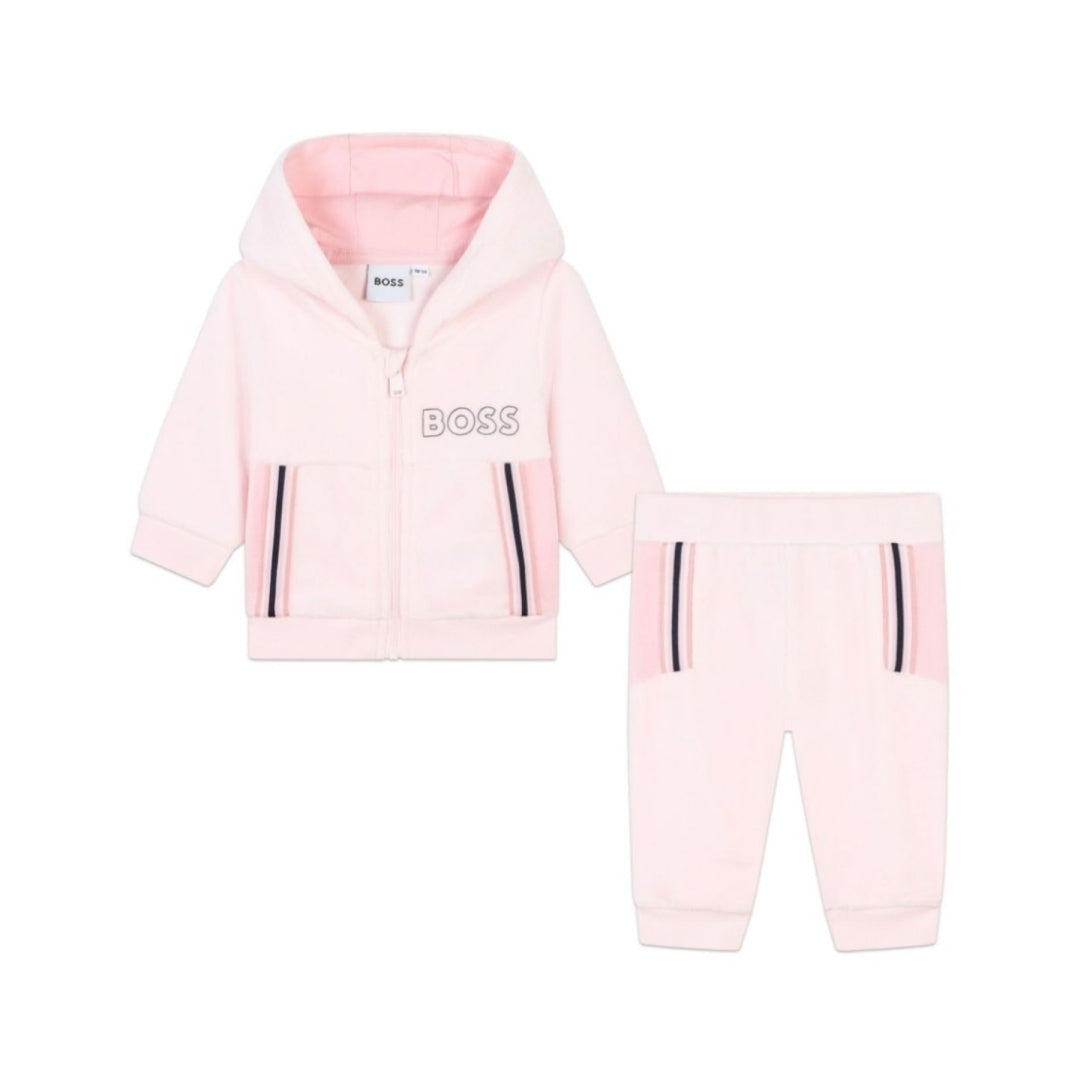 BOSS KIDS light pink organic cotton blend tracksuit set featuring a stylish design perfect for active little ones. This premium kidswear outfit includes a comfortable top with a front closure and a hood, along with trousers that have an elasticated waistband and ankles for a secure fit. Crafted from high-quality organic materials, this set ensures both comfort and style for your child. Ideal for casual outings or playtime, available at Lestyle Boutique Melbourne.