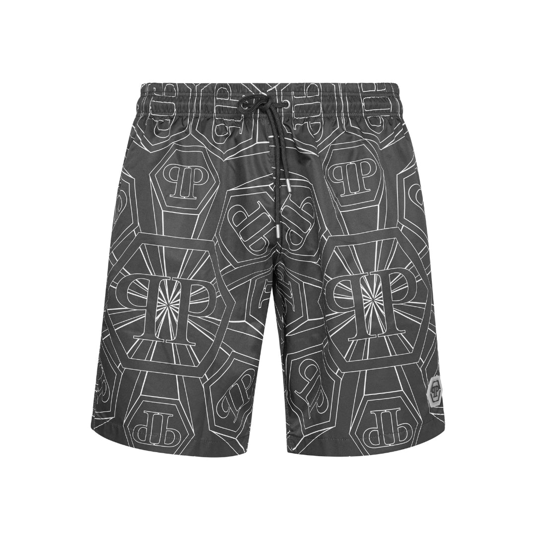 Philipp Plein black nylon jogging shorts with an all-over Hexagon Monogram print, elasticated drawstring waistband, and a rubber PP Hexagon patch, available at Lestyle Boutique 136 Little Collins St.