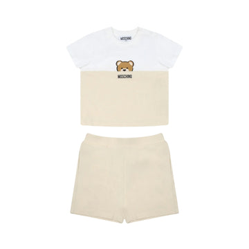 Moschino Kids/Baby two-piece set including a color-block (white/beige) t-shirt with Teddy Bear print and matching beige shorts, available at Lestyle Boutique 136 Little Collins St.