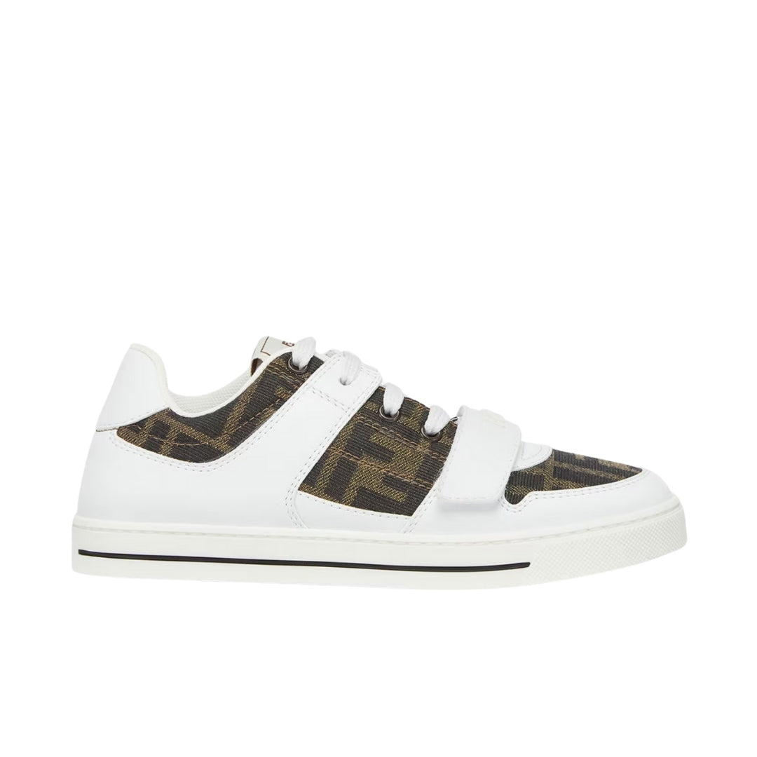 Fendi Kids junior sneakers with tobacco FF logo jacquard fabric and white leather details, featuring a Velcro strap closure, Made in Italy, available at Lestyle Boutique 136 Little Collins St.